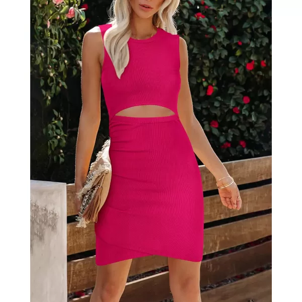 imageBTFBM Womens 2023 Summer Bodycon Dresses Sleeveless Crew Neck Cutout Ruched Slim Fit Ribbed Party Club Tank Mini DressSolid Rose Red