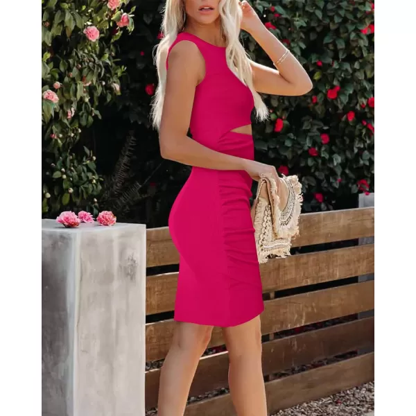 imageBTFBM Womens 2023 Summer Bodycon Dresses Sleeveless Crew Neck Cutout Ruched Slim Fit Ribbed Party Club Tank Mini DressSolid Rose Red