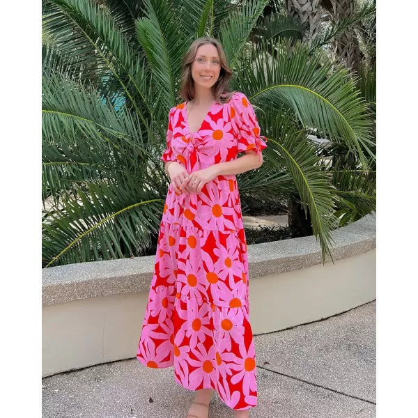 imageBTFBM Womens 2023 Summer Boho Dress Tie Front Deep V Neck Cutout Short Sleeve Floral Casual Party Beach Maxi DressesBig Floral Red