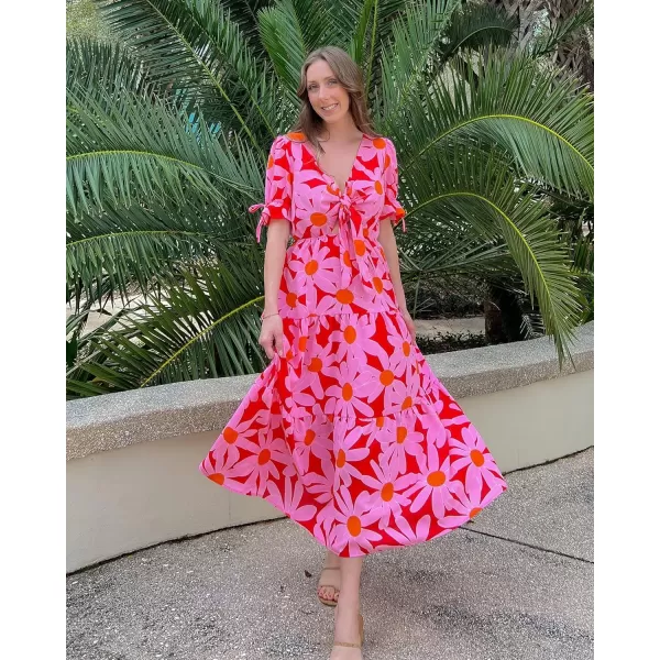 imageBTFBM Womens 2023 Summer Boho Dress Tie Front Deep V Neck Cutout Short Sleeve Floral Casual Party Beach Maxi DressesBig Floral Red