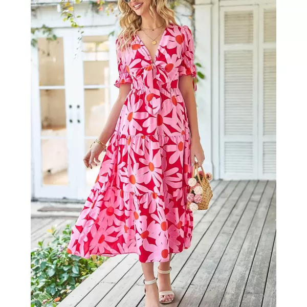 imageBTFBM Womens 2023 Summer Boho Dress Tie Front Deep V Neck Cutout Short Sleeve Floral Casual Party Beach Maxi DressesBig Floral Red