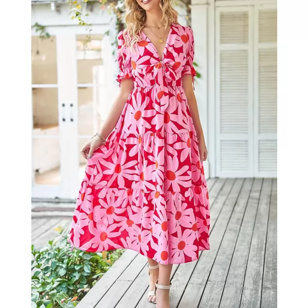 imageBTFBM Womens 2023 Summer Boho Dress Tie Front Deep V Neck Cutout Short Sleeve Floral Casual Party Beach Maxi DressesBig Floral Red