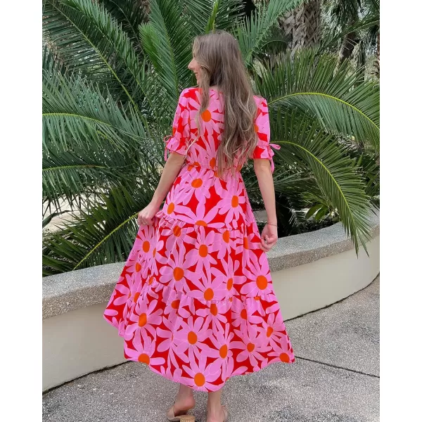 imageBTFBM Womens 2023 Summer Boho Dress Tie Front Deep V Neck Cutout Short Sleeve Floral Casual Party Beach Maxi DressesBig Floral Red