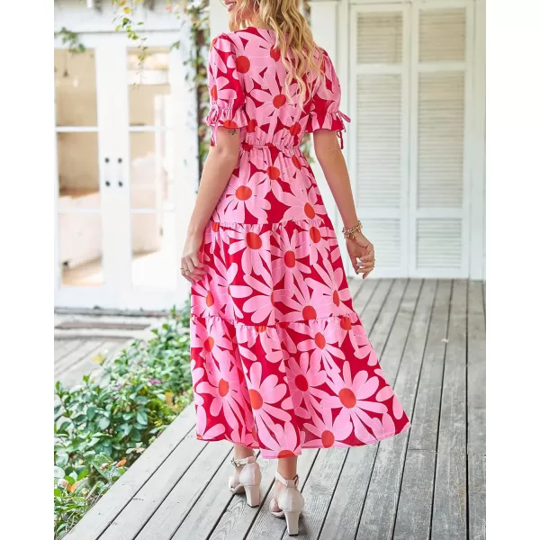 imageBTFBM Womens 2023 Summer Boho Dress Tie Front Deep V Neck Cutout Short Sleeve Floral Casual Party Beach Maxi DressesBig Floral Red