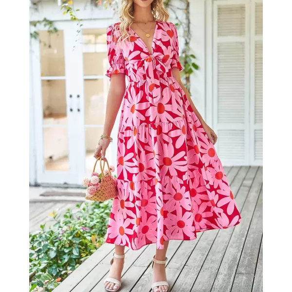imageBTFBM Womens 2023 Summer Boho Dress Tie Front Deep V Neck Cutout Short Sleeve Floral Casual Party Beach Maxi DressesBig Floral Red