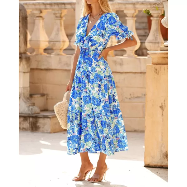 imageBTFBM Womens 2023 Summer Boho Dress Tie Front Deep V Neck Cutout Short Sleeve Floral Casual Party Beach Maxi DressesBig Floral White Blue