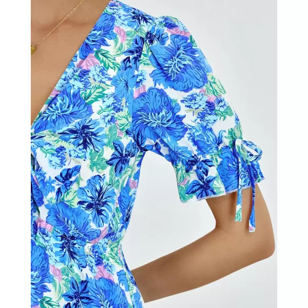 imageBTFBM Womens 2023 Summer Boho Dress Tie Front Deep V Neck Cutout Short Sleeve Floral Casual Party Beach Maxi DressesBig Floral White Blue