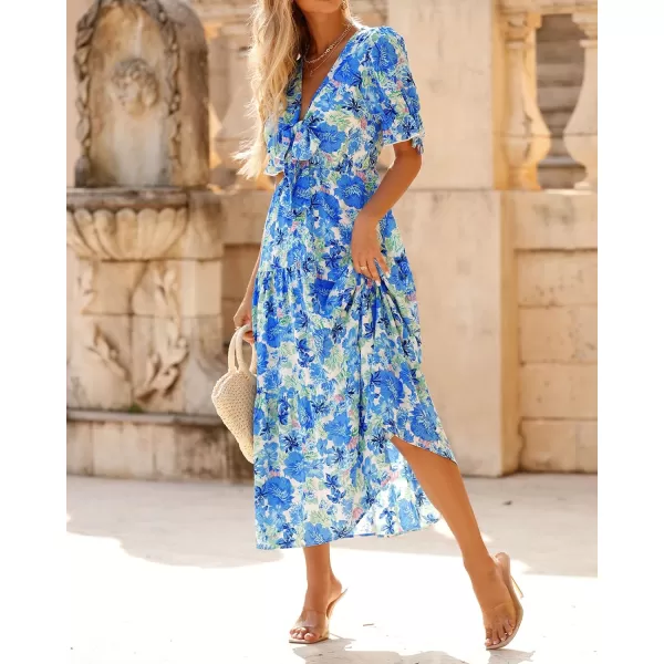 imageBTFBM Womens 2023 Summer Boho Dress Tie Front Deep V Neck Cutout Short Sleeve Floral Casual Party Beach Maxi DressesBig Floral White Blue
