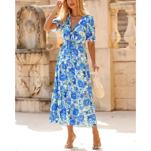 imageBTFBM Womens 2023 Summer Boho Dress Tie Front Deep V Neck Cutout Short Sleeve Floral Casual Party Beach Maxi DressesBig Floral White Blue