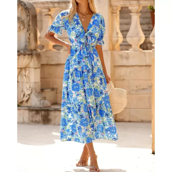 imageBTFBM Womens 2023 Summer Boho Dress Tie Front Deep V Neck Cutout Short Sleeve Floral Casual Party Beach Maxi DressesBig Floral White Blue