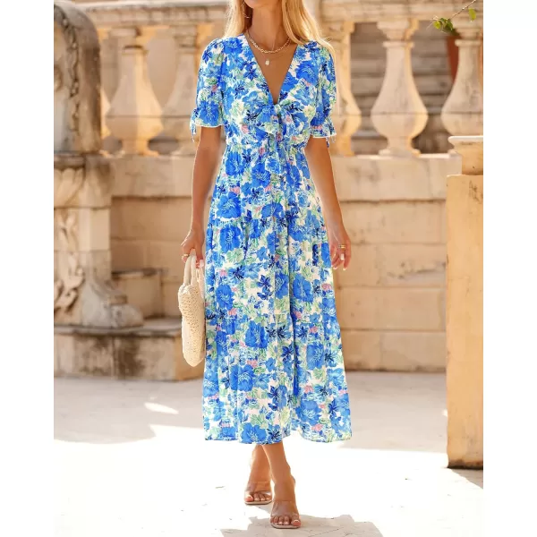 imageBTFBM Womens 2023 Summer Boho Dress Tie Front Deep V Neck Cutout Short Sleeve Floral Casual Party Beach Maxi DressesBig Floral White Blue