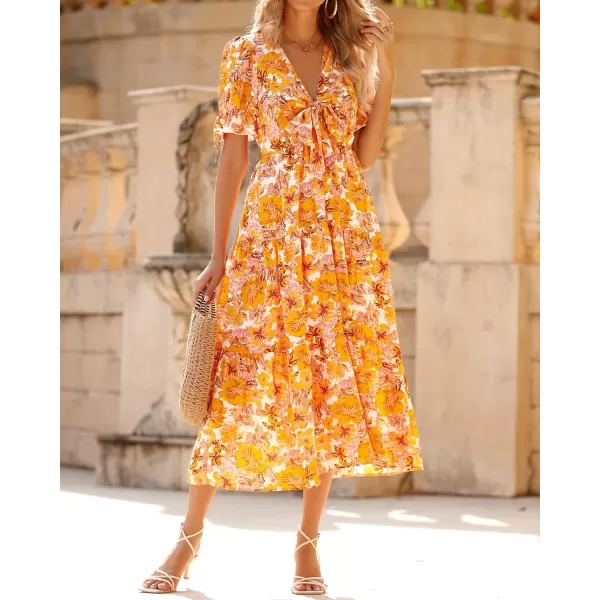 imageBTFBM Womens 2023 Summer Boho Dress Tie Front Deep V Neck Cutout Short Sleeve Floral Casual Party Beach Maxi DressesBig Floral White Yellow