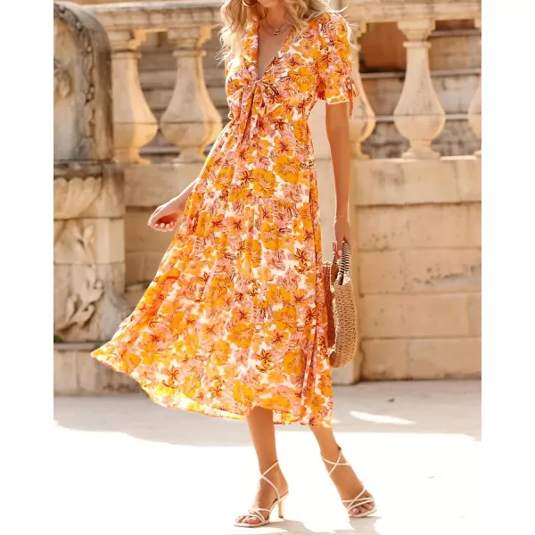 imageBTFBM Womens 2023 Summer Boho Dress Tie Front Deep V Neck Cutout Short Sleeve Floral Casual Party Beach Maxi DressesBig Floral White Yellow