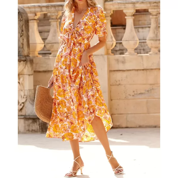 imageBTFBM Womens 2023 Summer Boho Dress Tie Front Deep V Neck Cutout Short Sleeve Floral Casual Party Beach Maxi DressesBig Floral White Yellow