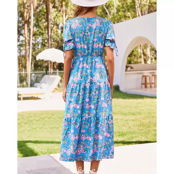 imageBTFBM Womens 2023 Summer Boho Dress Tie Front Deep V Neck Cutout Short Sleeve Floral Casual Party Beach Maxi DressesFloral Blue Pink