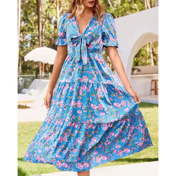 imageBTFBM Womens 2023 Summer Boho Dress Tie Front Deep V Neck Cutout Short Sleeve Floral Casual Party Beach Maxi DressesFloral Blue Pink