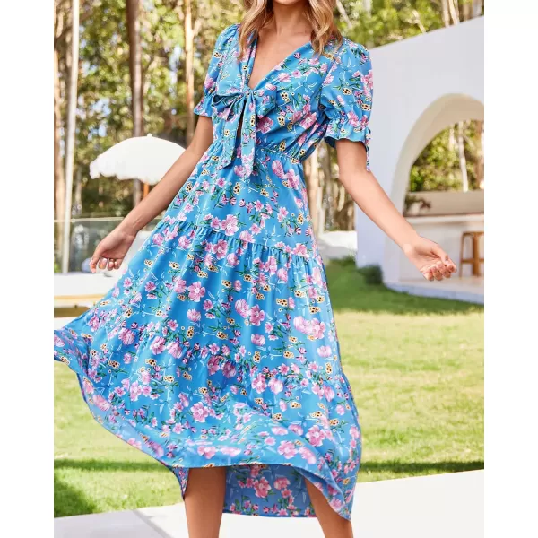 imageBTFBM Womens 2023 Summer Boho Dress Tie Front Deep V Neck Cutout Short Sleeve Floral Casual Party Beach Maxi DressesFloral Blue Pink
