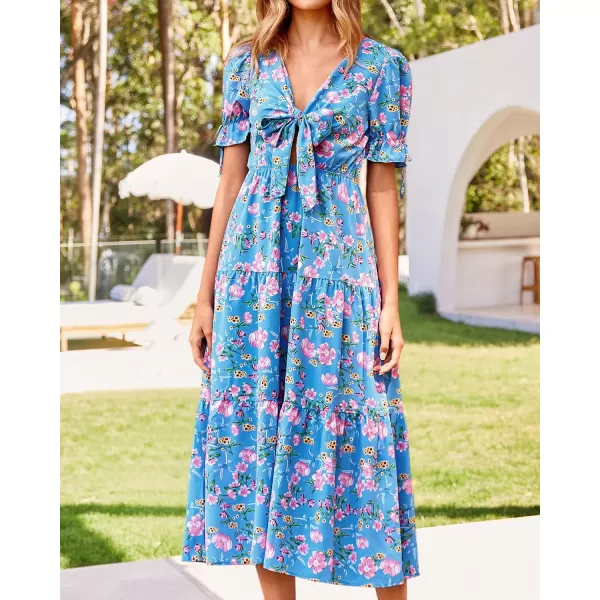 imageBTFBM Womens 2023 Summer Boho Dress Tie Front Deep V Neck Cutout Short Sleeve Floral Casual Party Beach Maxi DressesFloral Blue Pink