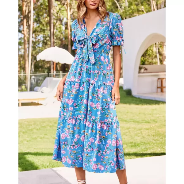 imageBTFBM Womens 2023 Summer Boho Dress Tie Front Deep V Neck Cutout Short Sleeve Floral Casual Party Beach Maxi DressesFloral Blue Pink