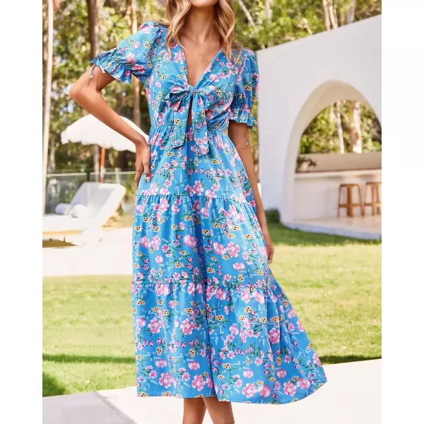 imageBTFBM Womens 2023 Summer Boho Dress Tie Front Deep V Neck Cutout Short Sleeve Floral Casual Party Beach Maxi DressesFloral Blue Pink