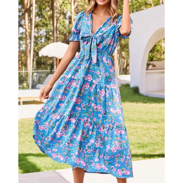 imageBTFBM Womens 2023 Summer Boho Dress Tie Front Deep V Neck Cutout Short Sleeve Floral Casual Party Beach Maxi DressesFloral Blue Pink