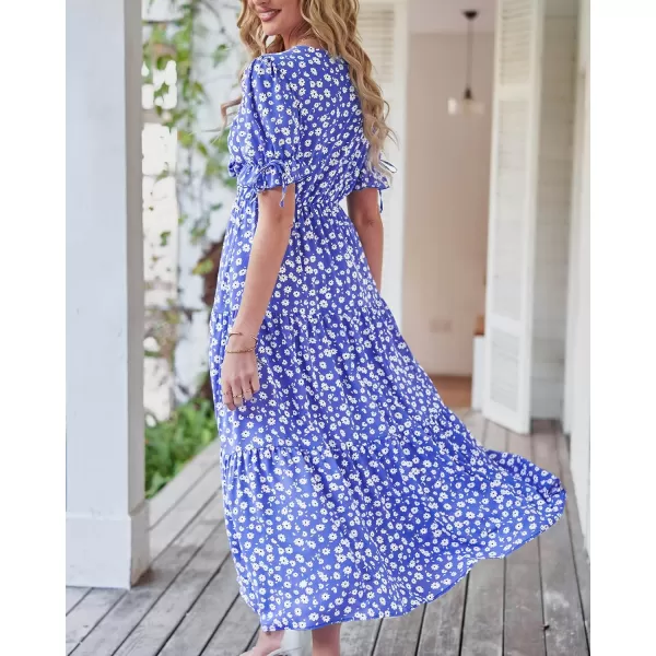 imageBTFBM Womens 2023 Summer Boho Dress Tie Front Deep V Neck Cutout Short Sleeve Floral Casual Party Beach Maxi DressesFloral Blue White