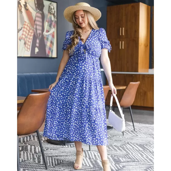 imageBTFBM Womens 2023 Summer Boho Dress Tie Front Deep V Neck Cutout Short Sleeve Floral Casual Party Beach Maxi DressesFloral Blue White