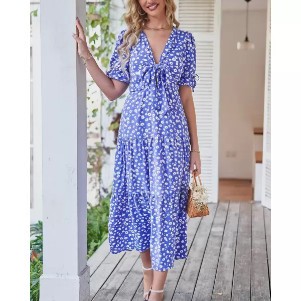 imageBTFBM Womens 2023 Summer Boho Dress Tie Front Deep V Neck Cutout Short Sleeve Floral Casual Party Beach Maxi DressesFloral Blue White