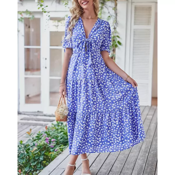 imageBTFBM Womens 2023 Summer Boho Dress Tie Front Deep V Neck Cutout Short Sleeve Floral Casual Party Beach Maxi DressesFloral Blue White