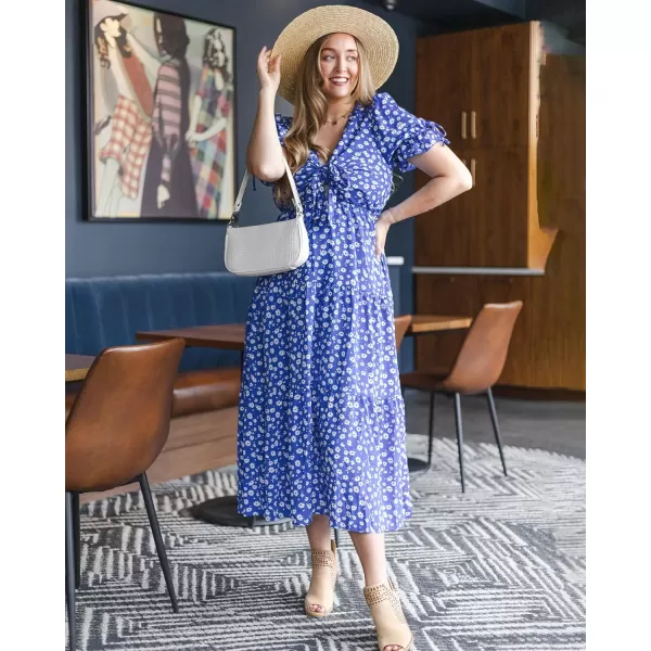 imageBTFBM Womens 2023 Summer Boho Dress Tie Front Deep V Neck Cutout Short Sleeve Floral Casual Party Beach Maxi DressesFloral Blue White