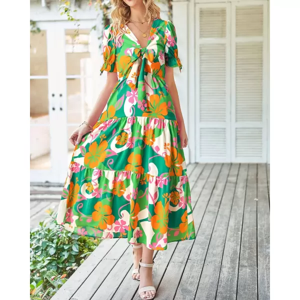 imageBTFBM Womens 2023 Summer Boho Dress Tie Front Deep V Neck Cutout Short Sleeve Floral Casual Party Beach Maxi DressesFloral Green