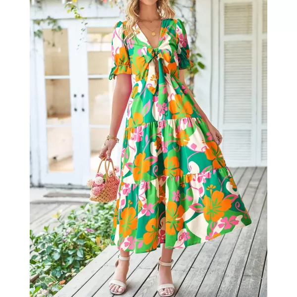 imageBTFBM Womens 2023 Summer Boho Dress Tie Front Deep V Neck Cutout Short Sleeve Floral Casual Party Beach Maxi DressesFloral Green
