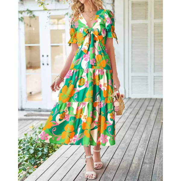 imageBTFBM Womens 2023 Summer Boho Dress Tie Front Deep V Neck Cutout Short Sleeve Floral Casual Party Beach Maxi DressesFloral Green