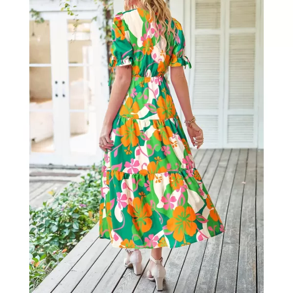 imageBTFBM Womens 2023 Summer Boho Dress Tie Front Deep V Neck Cutout Short Sleeve Floral Casual Party Beach Maxi DressesFloral Green