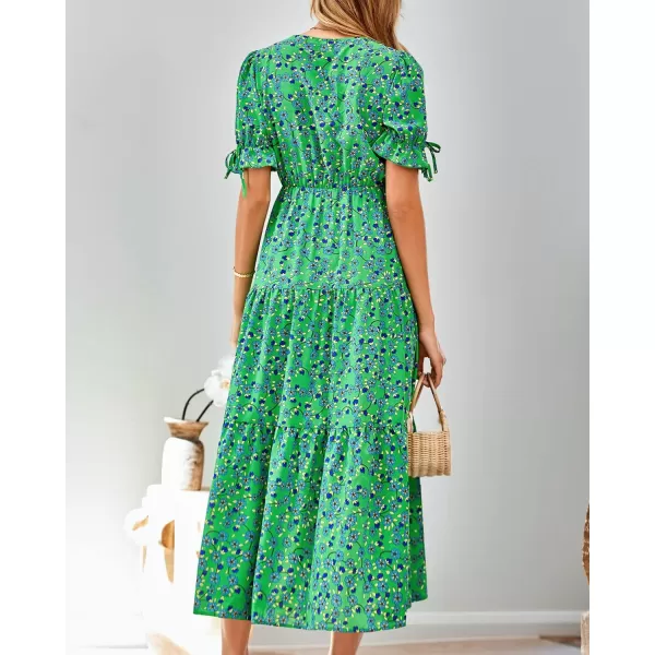 imageBTFBM Womens 2023 Summer Boho Dress Tie Front Deep V Neck Cutout Short Sleeve Floral Casual Party Beach Maxi DressesFloral Green Blue