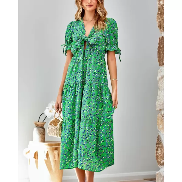 imageBTFBM Womens 2023 Summer Boho Dress Tie Front Deep V Neck Cutout Short Sleeve Floral Casual Party Beach Maxi DressesFloral Green Blue