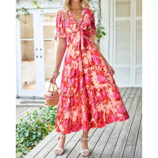 imageBTFBM Womens 2023 Summer Boho Dress Tie Front Deep V Neck Cutout Short Sleeve Floral Casual Party Beach Maxi DressesFloral Pink
