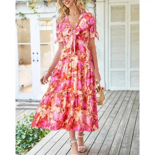 imageBTFBM Womens 2023 Summer Boho Dress Tie Front Deep V Neck Cutout Short Sleeve Floral Casual Party Beach Maxi DressesFloral Pink