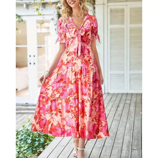 imageBTFBM Womens 2023 Summer Boho Dress Tie Front Deep V Neck Cutout Short Sleeve Floral Casual Party Beach Maxi DressesFloral Pink