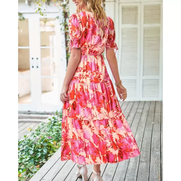 imageBTFBM Womens 2023 Summer Boho Dress Tie Front Deep V Neck Cutout Short Sleeve Floral Casual Party Beach Maxi DressesFloral Pink