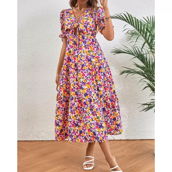 imageBTFBM Womens 2023 Summer Boho Dress Tie Front Deep V Neck Cutout Short Sleeve Floral Casual Party Beach Maxi DressesFloral White Purple