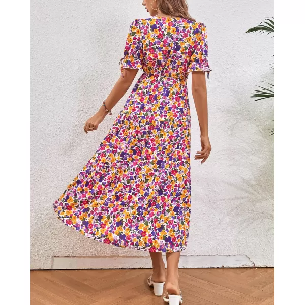 imageBTFBM Womens 2023 Summer Boho Dress Tie Front Deep V Neck Cutout Short Sleeve Floral Casual Party Beach Maxi DressesFloral White Purple