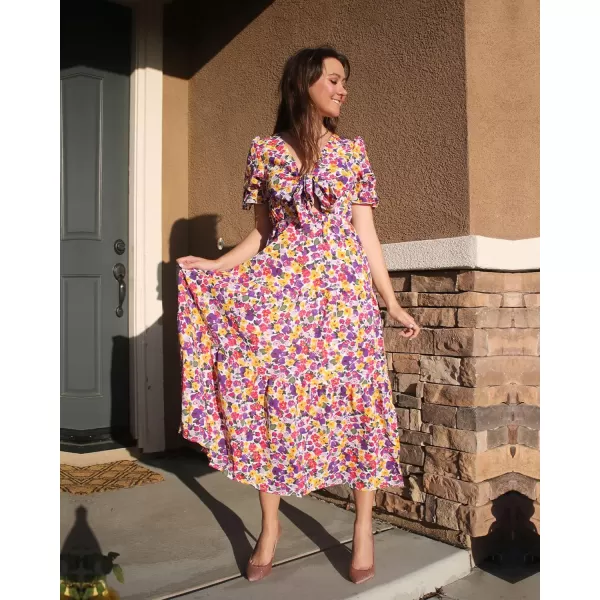 imageBTFBM Womens 2023 Summer Boho Dress Tie Front Deep V Neck Cutout Short Sleeve Floral Casual Party Beach Maxi DressesFloral White Purple