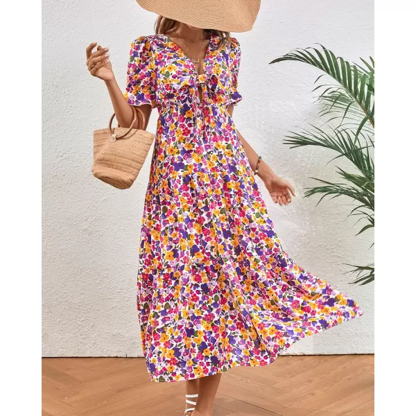 imageBTFBM Womens 2023 Summer Boho Dress Tie Front Deep V Neck Cutout Short Sleeve Floral Casual Party Beach Maxi DressesFloral White Purple