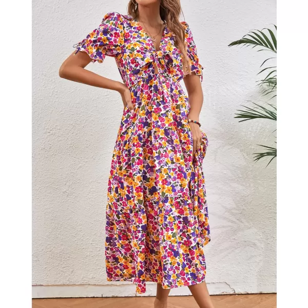 imageBTFBM Womens 2023 Summer Boho Dress Tie Front Deep V Neck Cutout Short Sleeve Floral Casual Party Beach Maxi DressesFloral White Purple