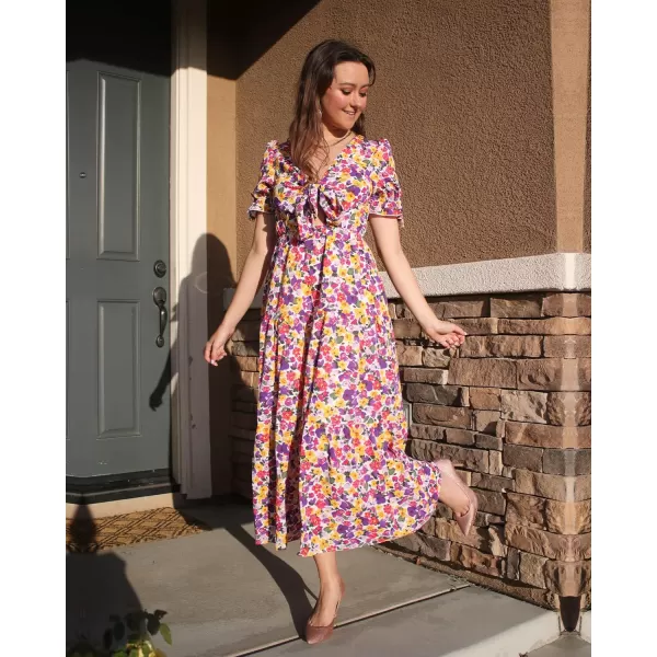 imageBTFBM Womens 2023 Summer Boho Dress Tie Front Deep V Neck Cutout Short Sleeve Floral Casual Party Beach Maxi DressesFloral White Purple