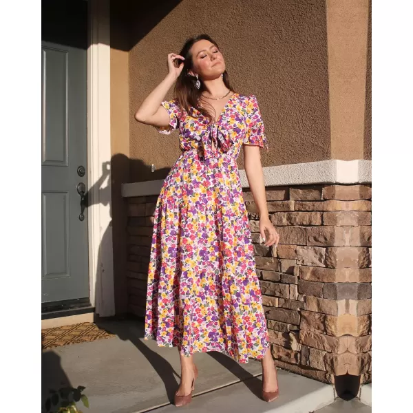 imageBTFBM Womens 2023 Summer Boho Dress Tie Front Deep V Neck Cutout Short Sleeve Floral Casual Party Beach Maxi DressesFloral White Purple