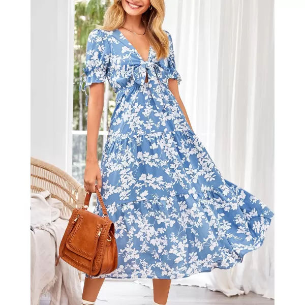 imageBTFBM Womens 2023 Summer Boho Dress Tie Front Deep V Neck Cutout Short Sleeve Floral Casual Party Beach Maxi DressesWhite Branch Blue