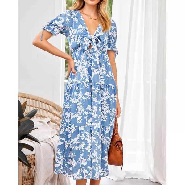 imageBTFBM Womens 2023 Summer Boho Dress Tie Front Deep V Neck Cutout Short Sleeve Floral Casual Party Beach Maxi DressesWhite Branch Blue