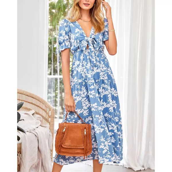 imageBTFBM Womens 2023 Summer Boho Dress Tie Front Deep V Neck Cutout Short Sleeve Floral Casual Party Beach Maxi DressesWhite Branch Blue